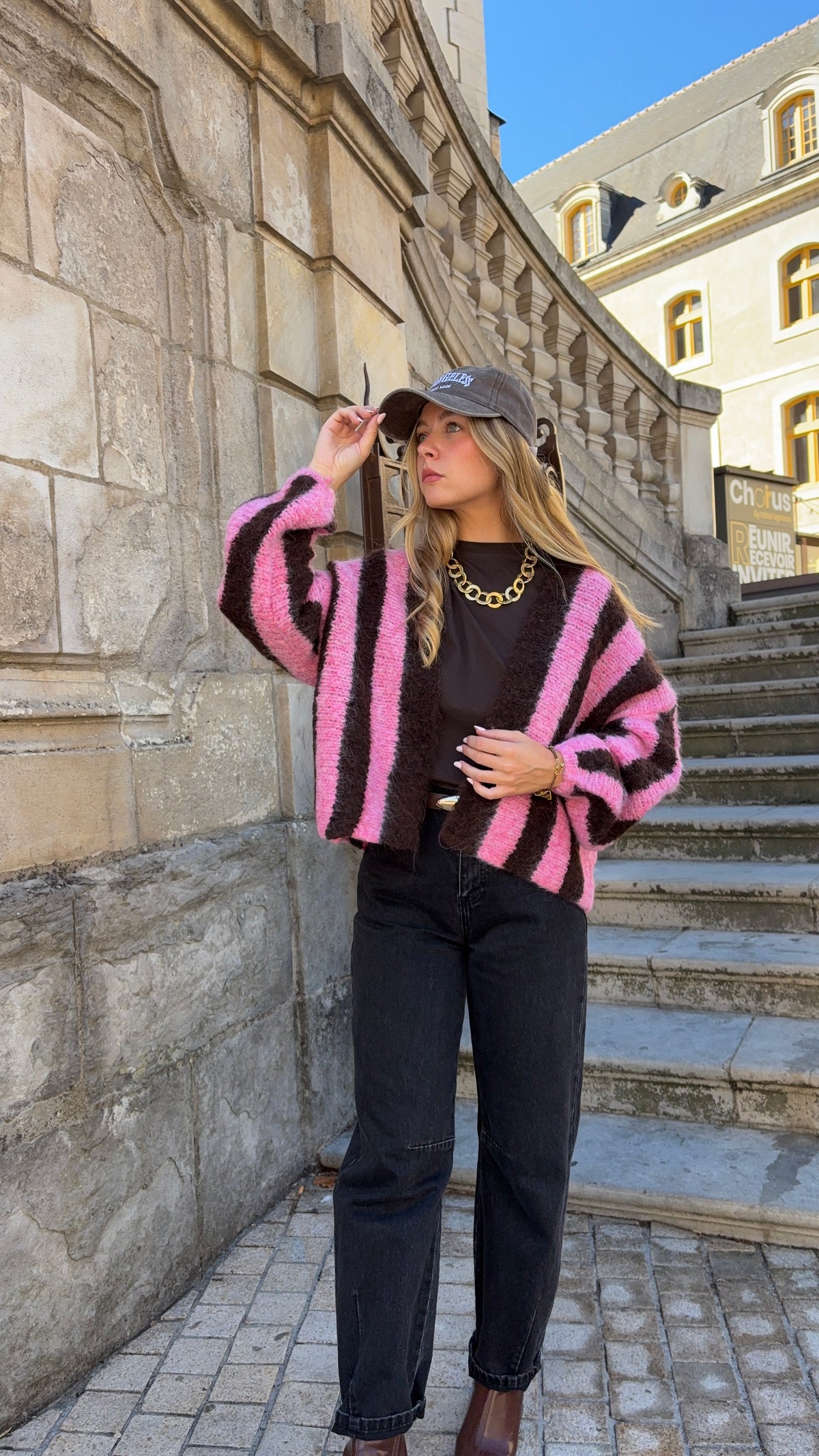 Gilet à rayures marron et rose - COFFEE