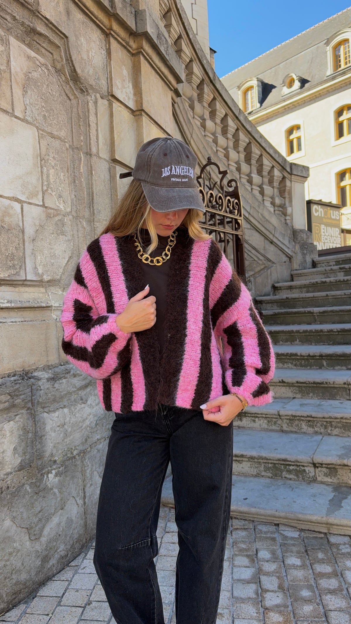 Gilet à rayures marron et rose - COFFEE