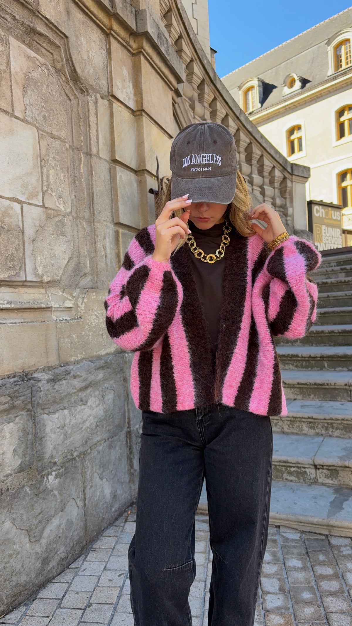 Gilet à rayures marron et rose - COFFEE