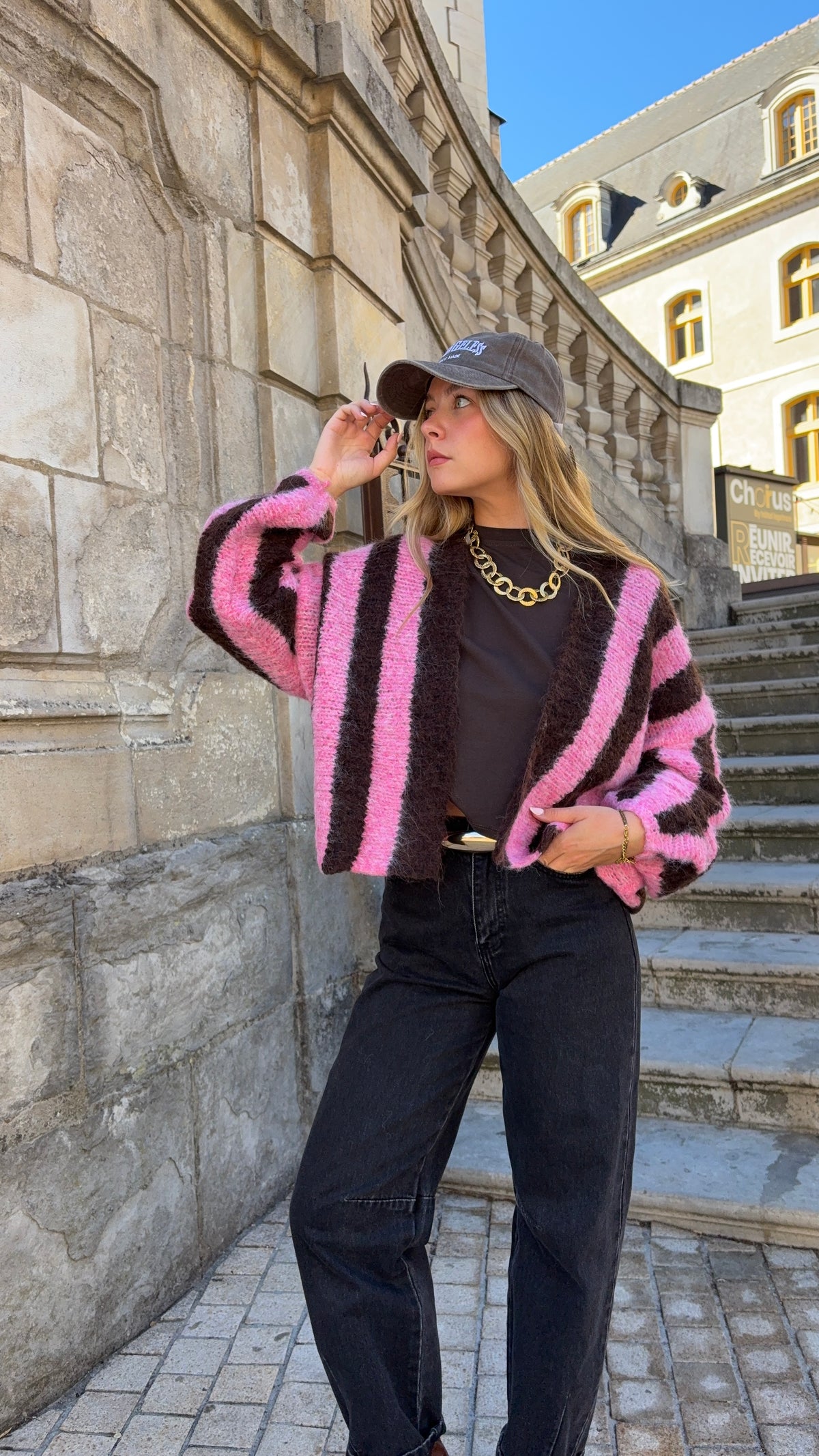 Gilet à rayures marron et rose - COFFEE